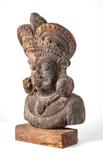 CARVED WOOD SCULPTURE, HEAD OF SHIVA 18TH/19TH CENTURY H 19" W 13" D 7" 