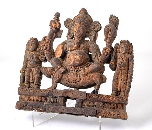 INDIA CARVED WOOD GANESHA WITH PIGMENT, 19TH CENTURY H 11" W 11" 