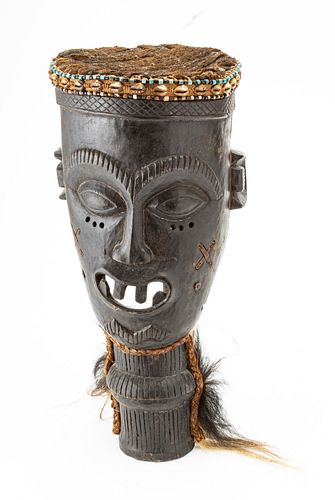 AFRICAN HELMET MASK, COWRIE SHELLS & BEADED BAND, C. 1900 H 22" W 18" 