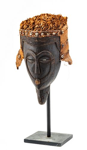 AFRICAN CARVED WOOD MASK, H 14" W 8" LADY 