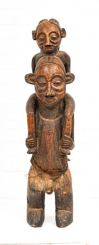 AFRICAN CARVED WOOD SCULPTURE H 31" W 7" FATHER WITH CHILD 