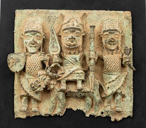 NIGERIAN BRONZE PLAQUE OBA OF BENIN WITH ATTENDANTS LATE 20TH C. H 13.5" W 15" 