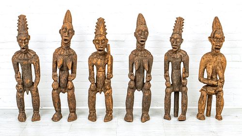 CAMEROON, AFRICAN CARVED WOOD FIGURES, 20TH C., SIX PIECES, H 43"-45" 