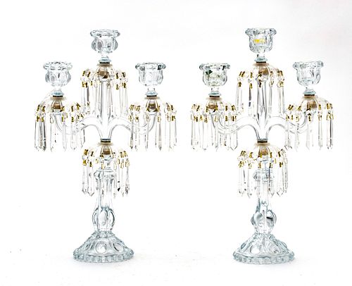 BACCARAT STYLE CRYSTAL CANDELABRA PAIR, H 30", (WITH GLOBES) W 13", D 5 1/2" 