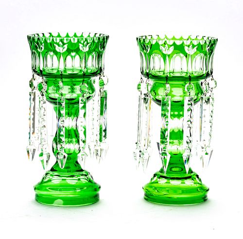 GREEN OVERLAY CRYSTAL LUSTRES C. 1940 PAIR H 13" DIA 6" 