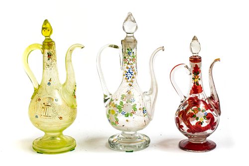 PERSIAN ENAMELED GLASS EWERS, 3 PCS, H 9.5"-11.5" 