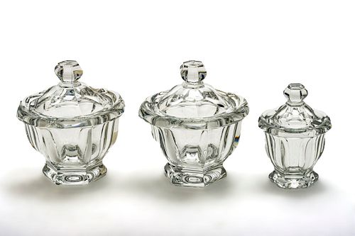 BACCARAT CRYSTAL COVERED COMPOTES, 3 PIECES, H 5.5", 4" DIA 5" 