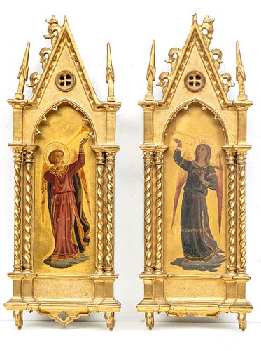 FLORENTINE GILT WOOD ICONS WITH TRUMPETING ANGELS C 1900 PAIR H 21" W 8" 
