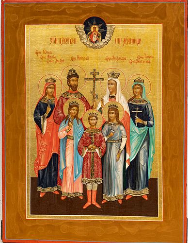 RUSSIAN ICON ON WOOD H 13.5" W 10" ROMANOV FAMILY AS SAINTS 