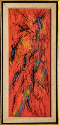 HARRIET KLINE, AMER 20TH.C.. ABSTRACT OIL ON CANVAS C 1950, H 24" W 9" "TROPICAL BIRDS" 