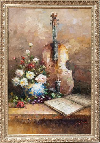 STILL LIFE OF VIOLIN AND MUSIC OIL ON CANVAS H 35.5" W 23.5" FLOWERS 