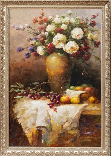 SIGNED STILL LIFE, OIL ON CANVAS H 35" W 23" 