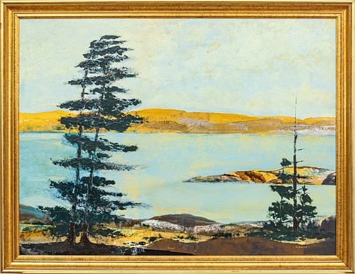 MILTON KEMNITZ (AMER.1911-05) OIL ON ARTIST BOARD, H 30", W 40", LAKESHORE LANDSCAPE 