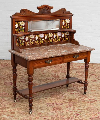 WALNUT, TILE AND MARBLE TOP WASH STAND C 1870, H 51" W 42" D 20" 