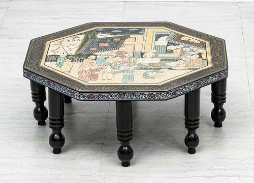 INDO-PERSIAN HAND PAINTED WOOD TEA TABLE, H 19 1/4", L 24", D 24" 