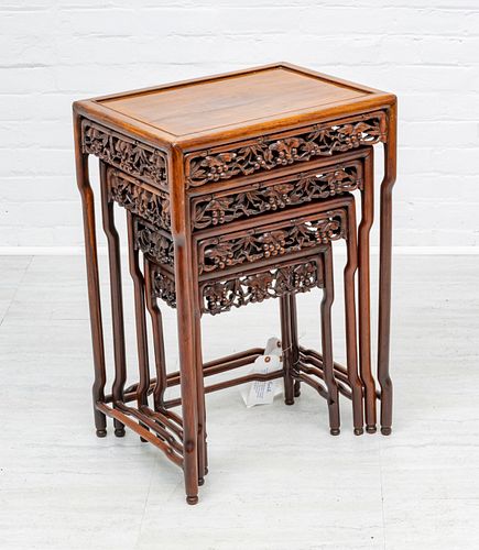 CHINESE CARVED ROSEWOOD NESTING TABLES, 4 PCS, H 18"-29" 