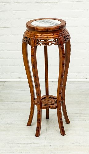 CHINESE TEAKWOOD AND MARBLE ROUND STAND H 32" 