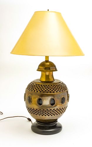 MOORISH STYLE BRASS & ENAMEL LAMP, H 20", DIA 13"