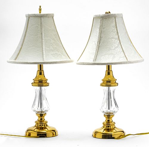 WATERFORD CRYSTAL AND BRASS TABLE LAMPS, PAIR H 23" 