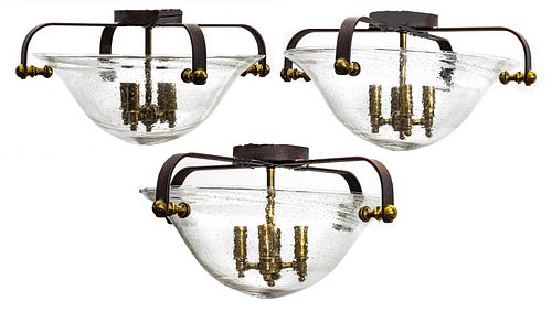 IRON & BRASS CEILING LIGHT FIXTURES LOT OF 3 H 9" DIA 19" SEEDED GLASS DOMES 