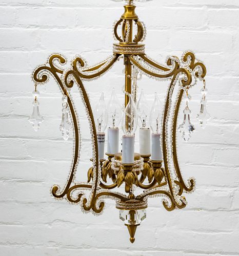 REGENCY STYLE CRYSTAL BEADS AND BRASS  CHANDELIER, H 20", DIA 12" 