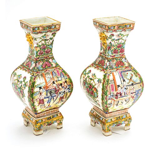 CHINESE ROSE MEDALLION STYLE VASES AND BASES PAIR H 13.5" 