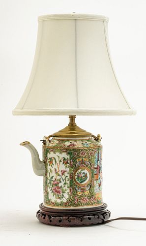 CHINESE ROSE MEDALLION TEAPOT, NOW LAMP C 1900, H 18" 