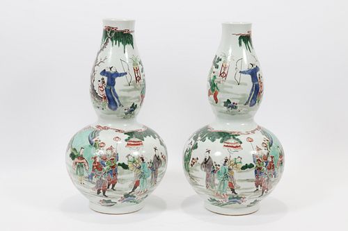 CHINESE DOUBLE GOURD VASES 2 H 17.5" DIA 9.5" SCENES OF COURTIERS 