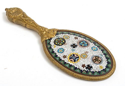 CHINESE CLOISONNÉ & PATINATED METAL HAND MIRROR, W 3.5", L 10" 