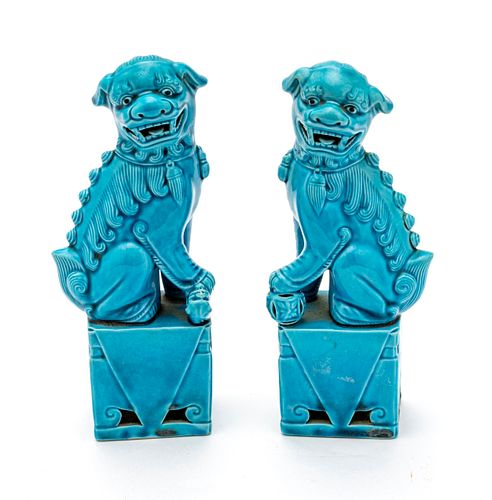 CHINESE GLAZED PORCELAIN FOO DOGS, PAIR, H 8.5", W 4" 