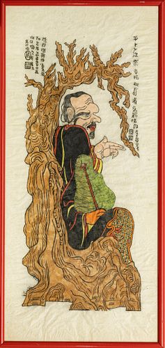 CHINESE WOODBLOCK PRINT ON PAPER, H 38", W 15", SEATED MAN 
