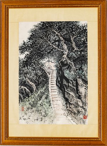 CHINESE INK & WATERCOLOR ON PAPER H 26.5" W 17.5" "STAIRWAY TO THE TEMPLE" 