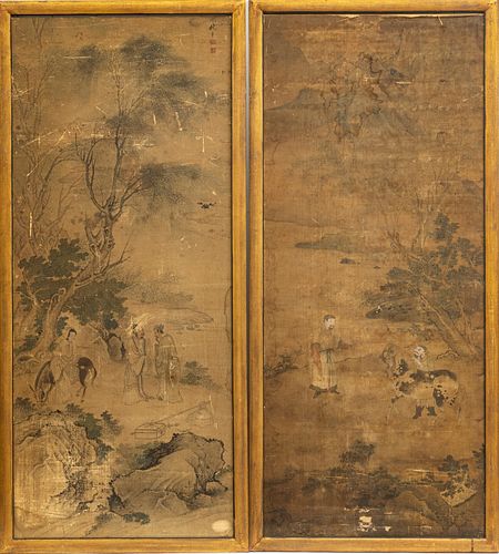CHINESE PAINTING ON SILK, PAIR, H 44.5", W 19", LANDSCAPES WITH HORSES 
