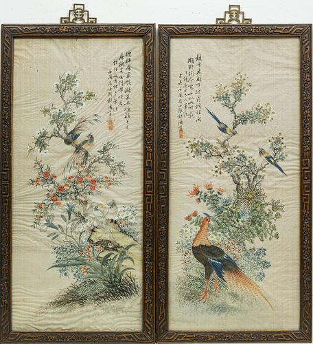 CHINESE WATERCOLORS ON SILK, PAIR H 28", W 12.5", BIRDS AND FLOWERS 