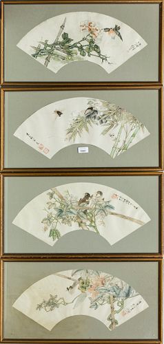 CHINESE WATERCOLOR ON PAPER, 4 PCS, H 9.5", W 20.5", BIRDS & BLOSSOMS 