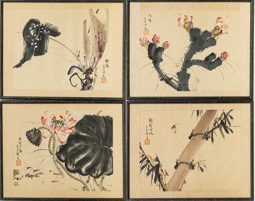 CHINESE WATERCOLORS ON PAPER, 4 PCS, H 11.5", W 15", INSECTS AND BLOSSOMS 