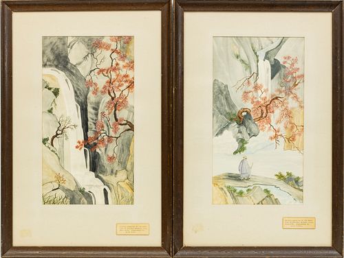 CHINESE WATERCOLOR ON WOVE PAPER, PAIR, H 15.5", W 8.25", WATERFALLS 