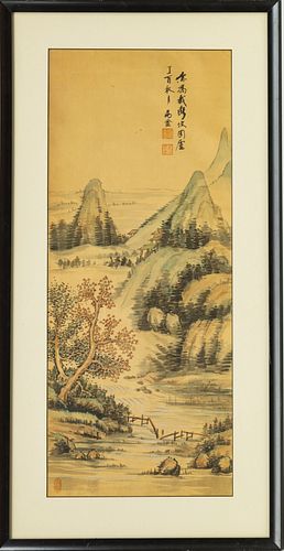 CHINESE WATERCOLOR ON SILK, H 27.5", W 11.25", MOUNTAIN LANDSCAPE 
