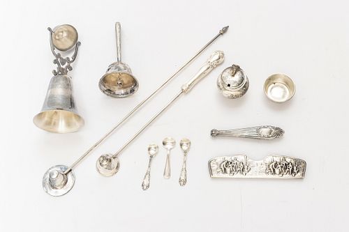 STERLING CANDLE SNUFFER, OPEN SALT, AND BELL, PLUS SILVER PLATE 