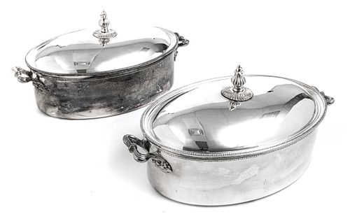 SHEFFIELD PLATE COVERED CASSEROLES, PAIR H 8" L 14" 