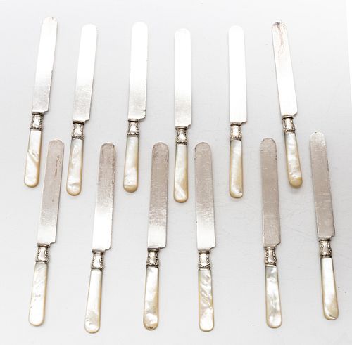 MOTHER OF PEARL HANDLE DINNER KNIVES, SET OF 12, CIRCA 1880 L 9" 