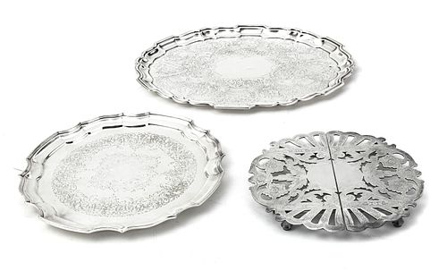 SILVER PLATE TRAYS AND TRIVET, THREE PIECES 