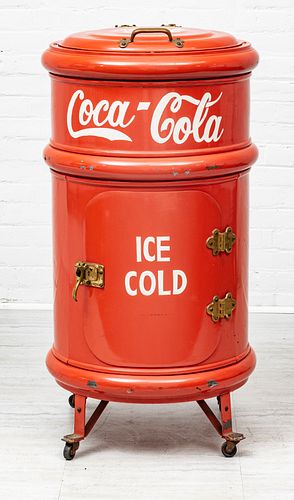 COCA COLA CYLINDRICAL ICE BOX/REFRIGERATOR EARLY TO MID 20TH CENTURY, H 44", DIA 23" 