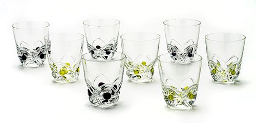 LALIQUE "FLORIDE" CRYSTAL OLD FASHIONED TUMBLERS, EIGHT PIECES, H 4 1/2", DIA 4" 