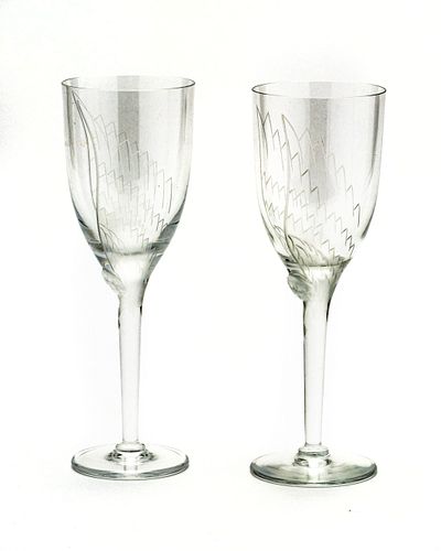 LALIQUE "ANGE" CRYSTAL FLUTED CHAMPAGNES, PAIR, H 8", DIA 2 3/4" 