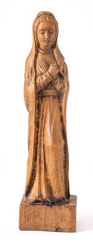 SIGNED S. MARQUES CARVED WOOD STANDING MADONNA SCULPTURE, H 15", W 4"