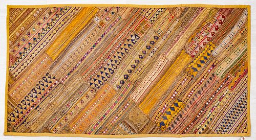 PAKISTANI SILVER AND GOLD COLORED THREAD PATCHWORK EMBROIDERY, C. 1960S, W 2'3" L 4'6" 