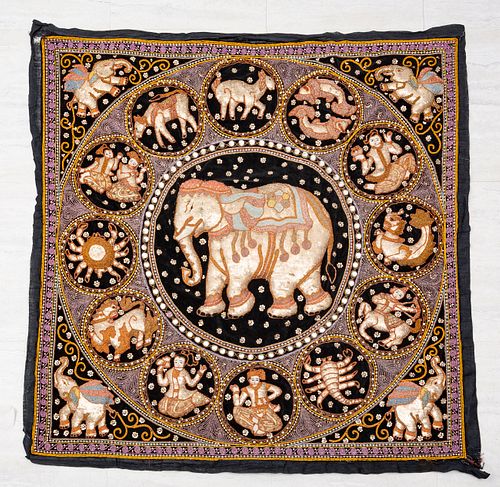 INDIAN SILVER AND GOLD COLORED THREAD ELEPHANT EMBROIDERY, C. 1960S W 4' L 4' 