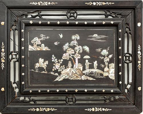 CHINESE MOTHER OF PEARL INLAID WOOD PANEL H 13" W 17" 