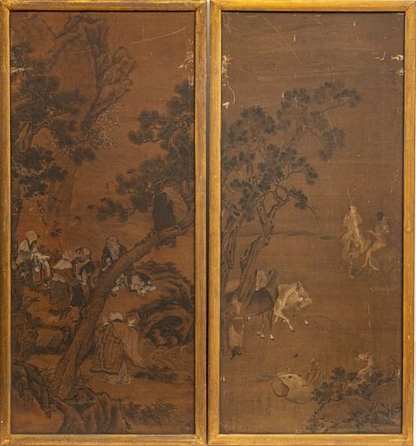 CHINESE PAINTING ON SILK, PAIR, H 44.75", W 19", OUTDOOR SCENES 